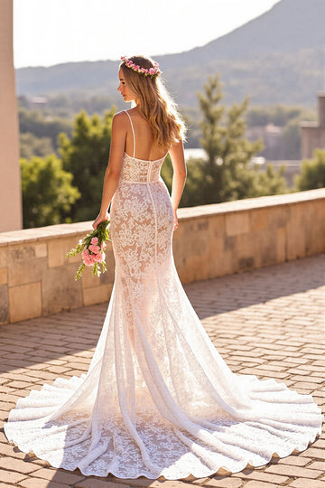 Ivory Mermaid Spaghetti Straps Lace Wedding Dress